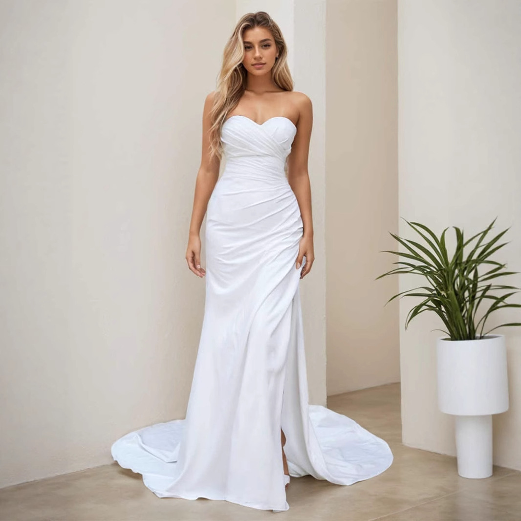 Column Stretch Crepe Ruched Sweetheart Sleeveless Sweep Train Wedding Dress