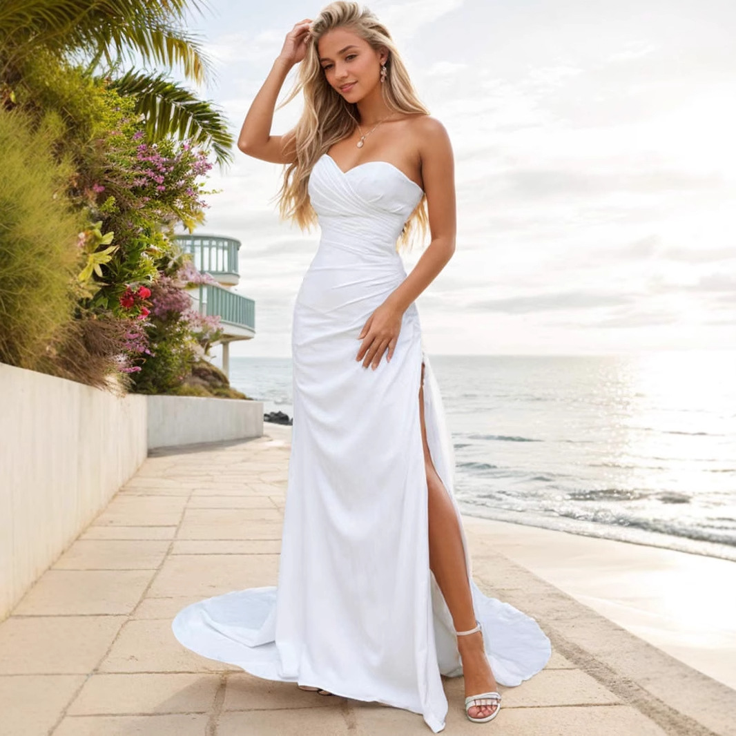 Column Stretch Crepe Ruched Sweetheart Sleeveless Sweep Train Wedding Dress