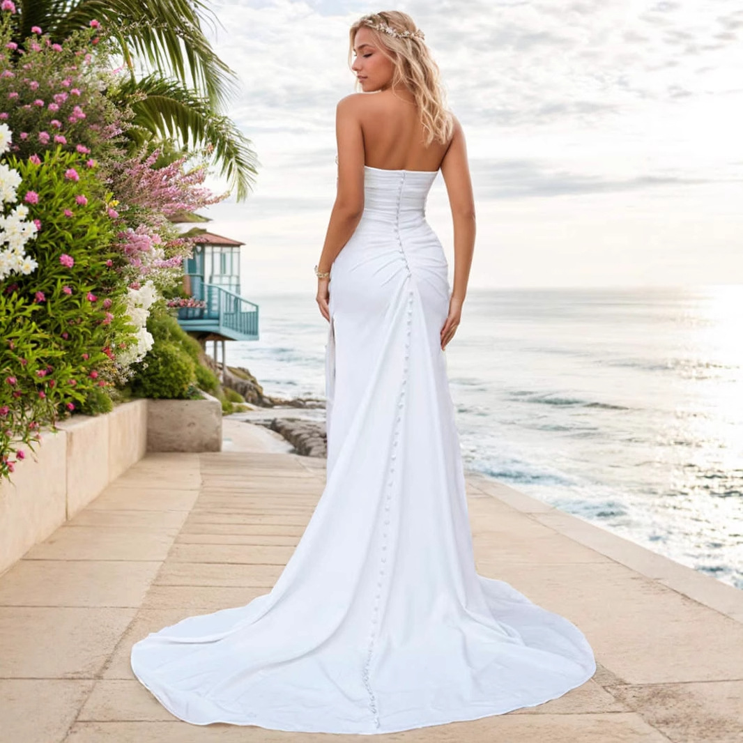 Column Stretch Crepe Ruched Sweetheart Sleeveless Sweep Train Wedding Dress