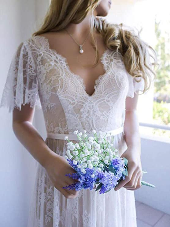 A-Line Lace V-neck Short Sleeves Sweep Train Wedding Dress
