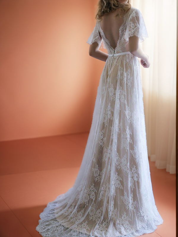 A-Line Lace V-neck Short Sleeves Sweep Train Wedding Dress