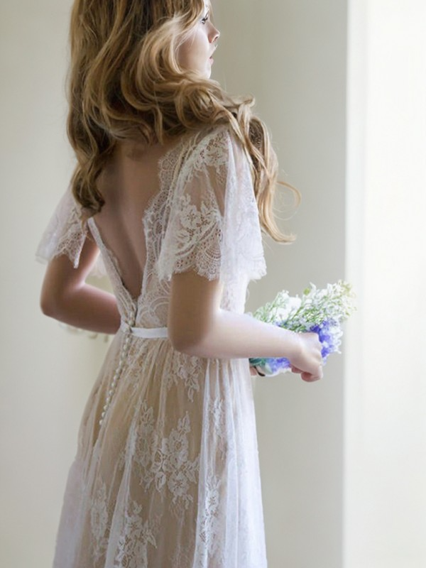 A-Line Lace V-neck Short Sleeves Sweep Train Wedding Dress