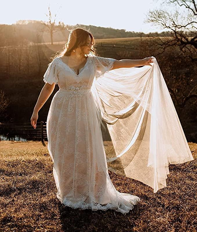 A-Line Lace V-neck Short Sleeves Sweep Train Wedding Dress