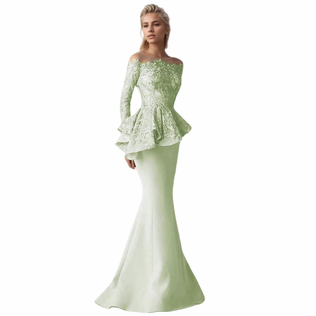 Mermaid Long Sleeve Floor-length Satin Lace Mother of the Bride Dress with Ruffles