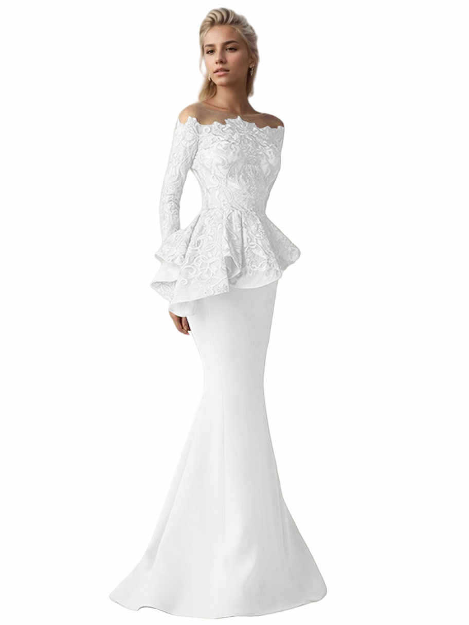 Mermaid Long Sleeve Floor-length Satin Lace Mother of the Bride Dress with Ruffles