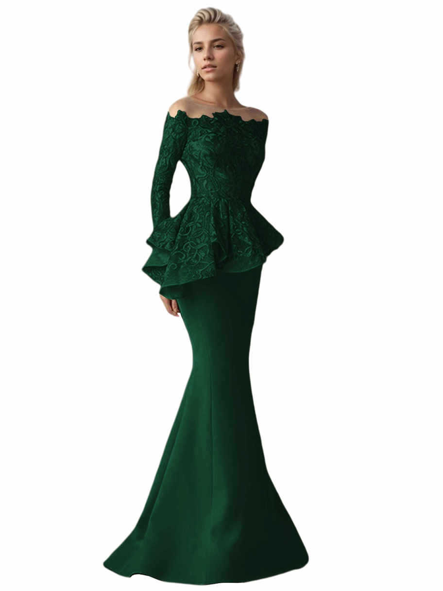 Mermaid Long Sleeve Floor-length Satin Lace Mother of the Bride Dress with Ruffles