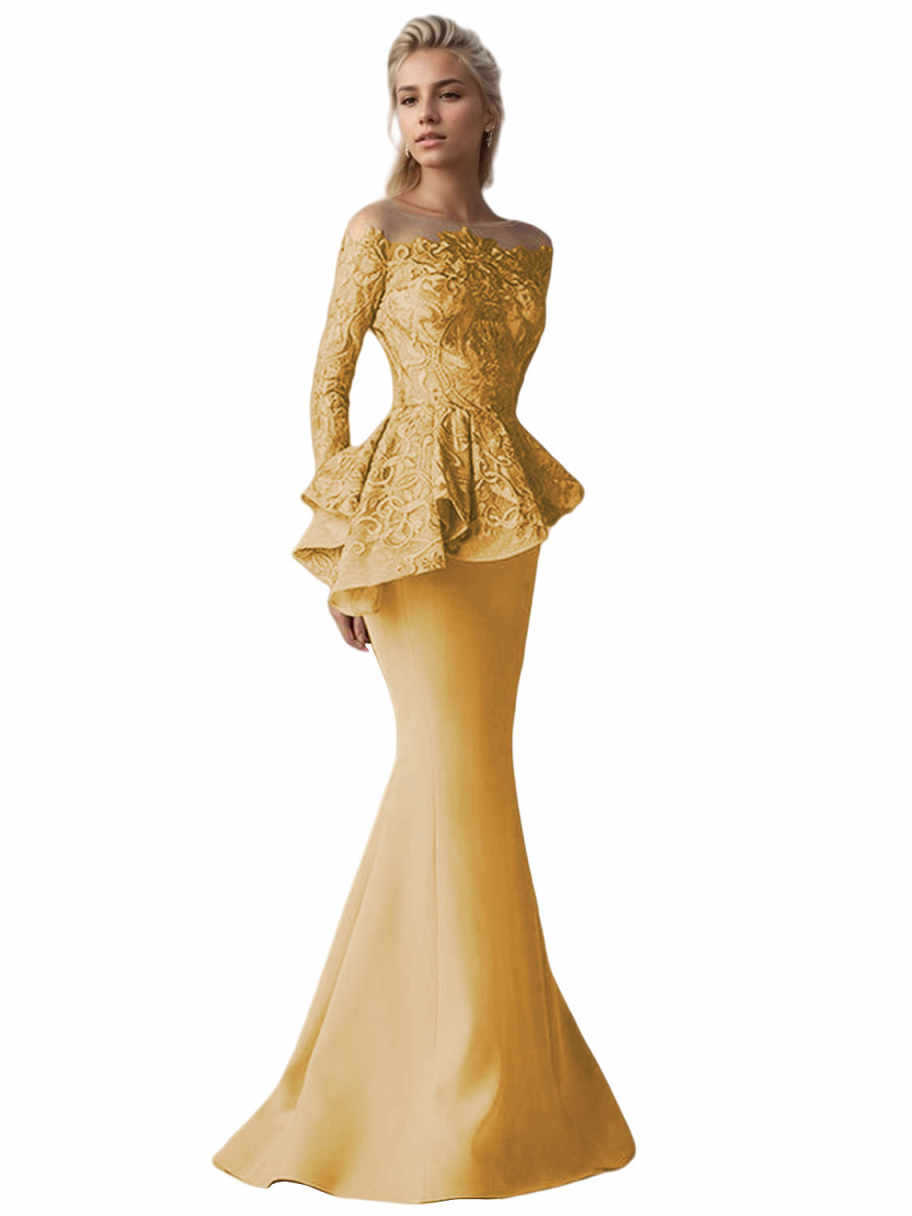 Mermaid Long Sleeve Floor-length Satin Lace Mother of the Bride Dress with Ruffles