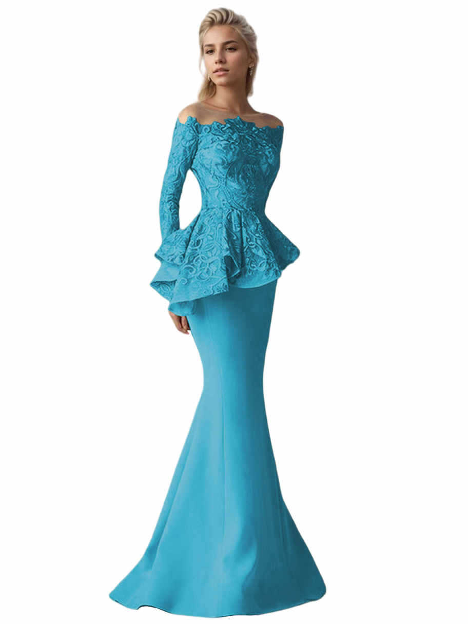 Mermaid Long Sleeve Floor-length Satin Lace Mother of the Bride Dress with Ruffles