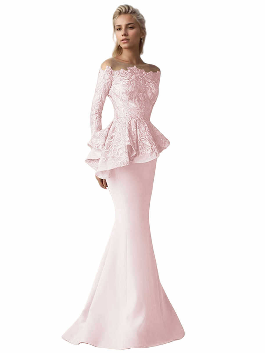 Mermaid Long Sleeve Floor-length Satin Lace Mother of the Bride Dress with Ruffles