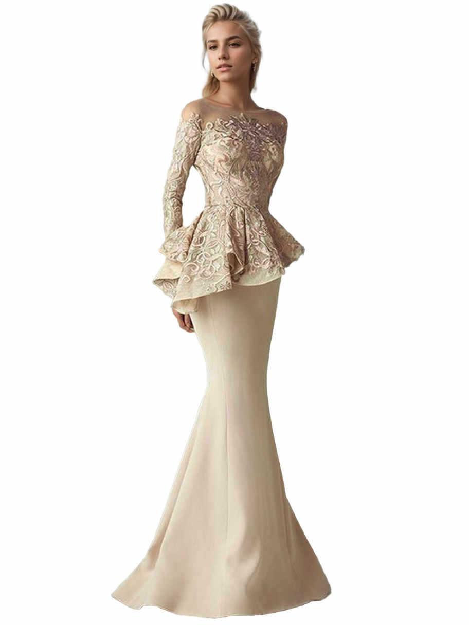 Mermaid Long Sleeve Floor-length Satin Lace Mother of the Bride Dress with Ruffles