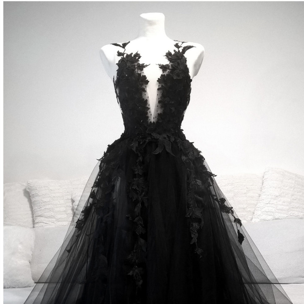 Elegant A-Line Backless Deep V-Neck Ball Gown with Appliques