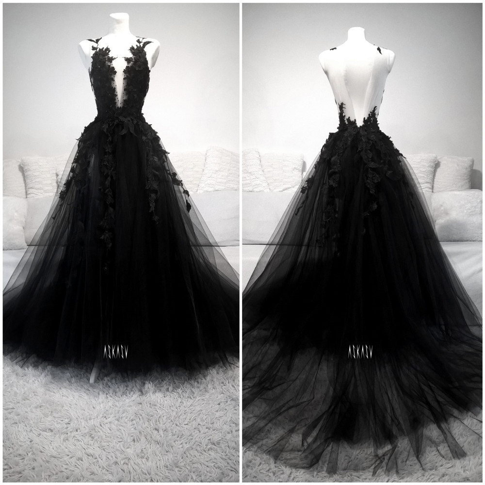 Elegant A-Line Backless Deep V-Neck Ball Gown with Appliques