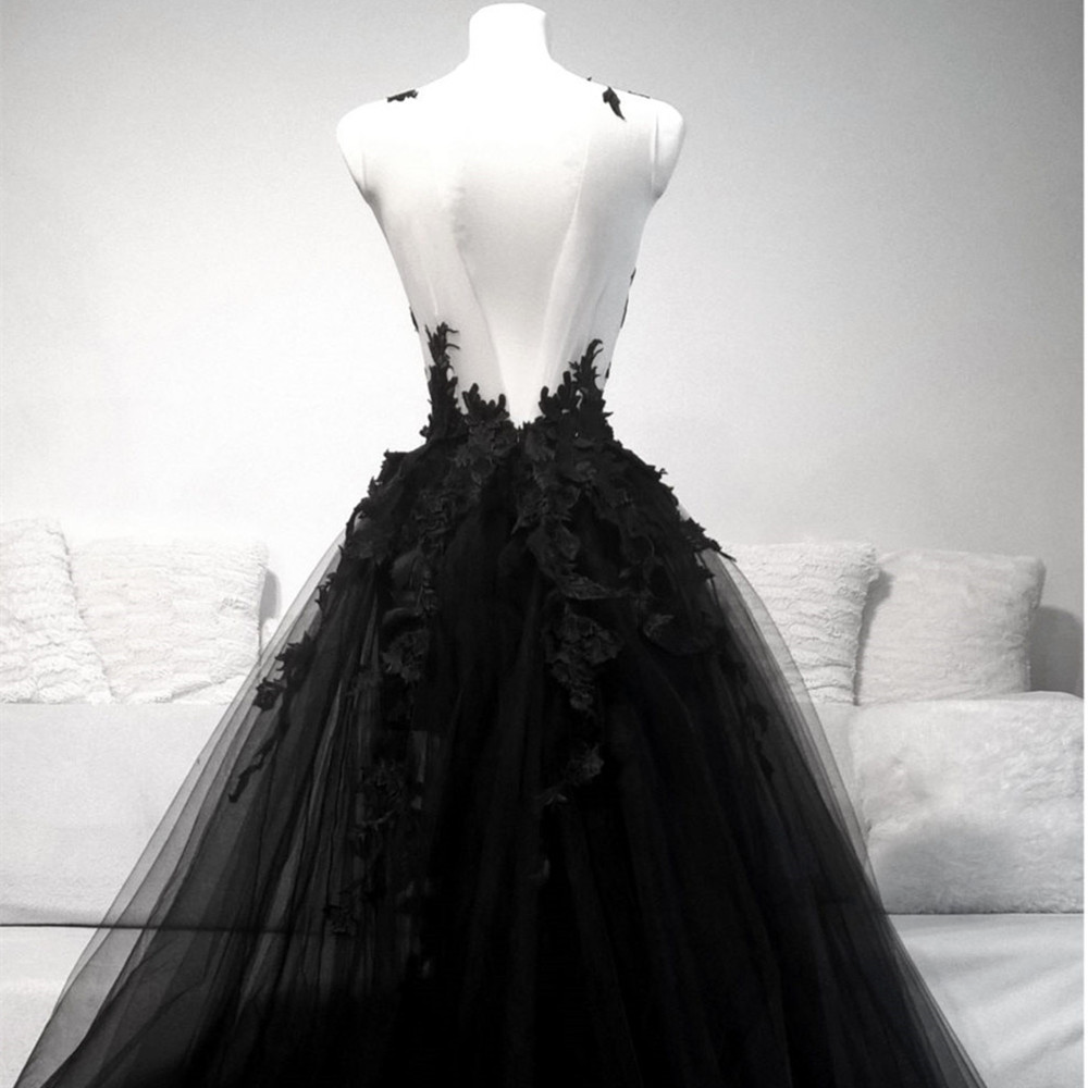 Elegant A-Line Backless Deep V-Neck Ball Gown with Appliques