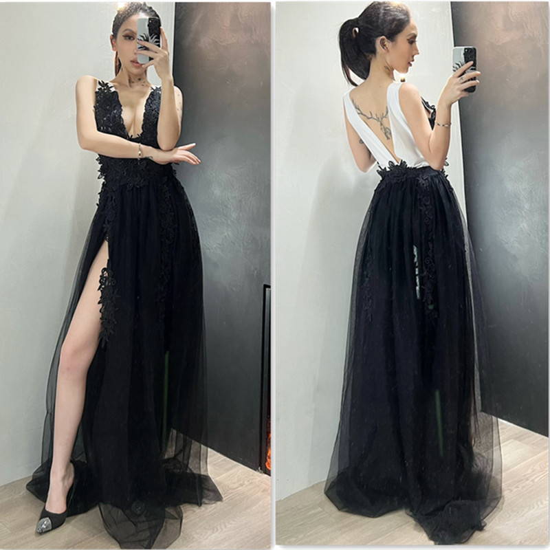 Elegant A-Line Backless Deep V-Neck Ball Gown with Appliques