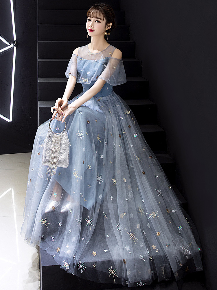 Elegant Tulle Bateau High Neck Off-the-shoulder A Line Prom Dress
