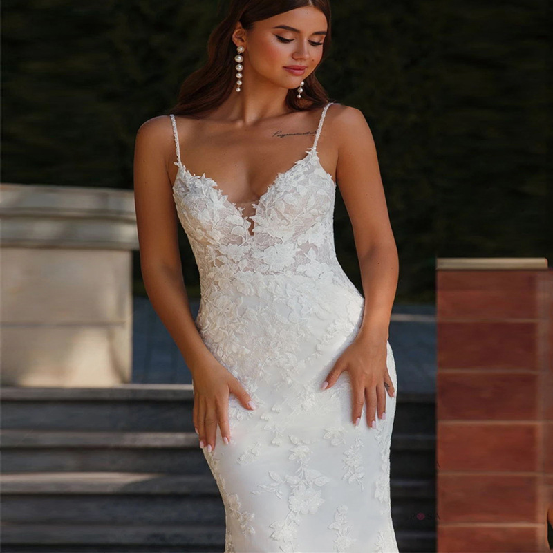 Beach Floral Lace Spaghetti Strap Plunging Neckline Bridal Gown