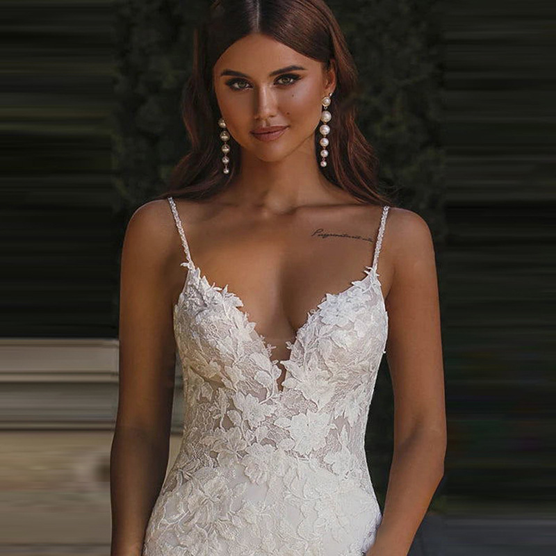 Beach Floral Lace Spaghetti Strap Plunging Neckline Bridal Gown