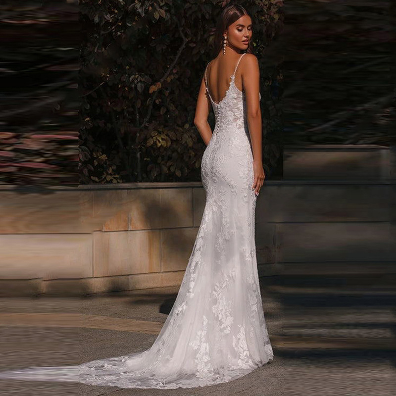 Beach Floral Lace Spaghetti Strap Plunging Neckline Bridal Gown