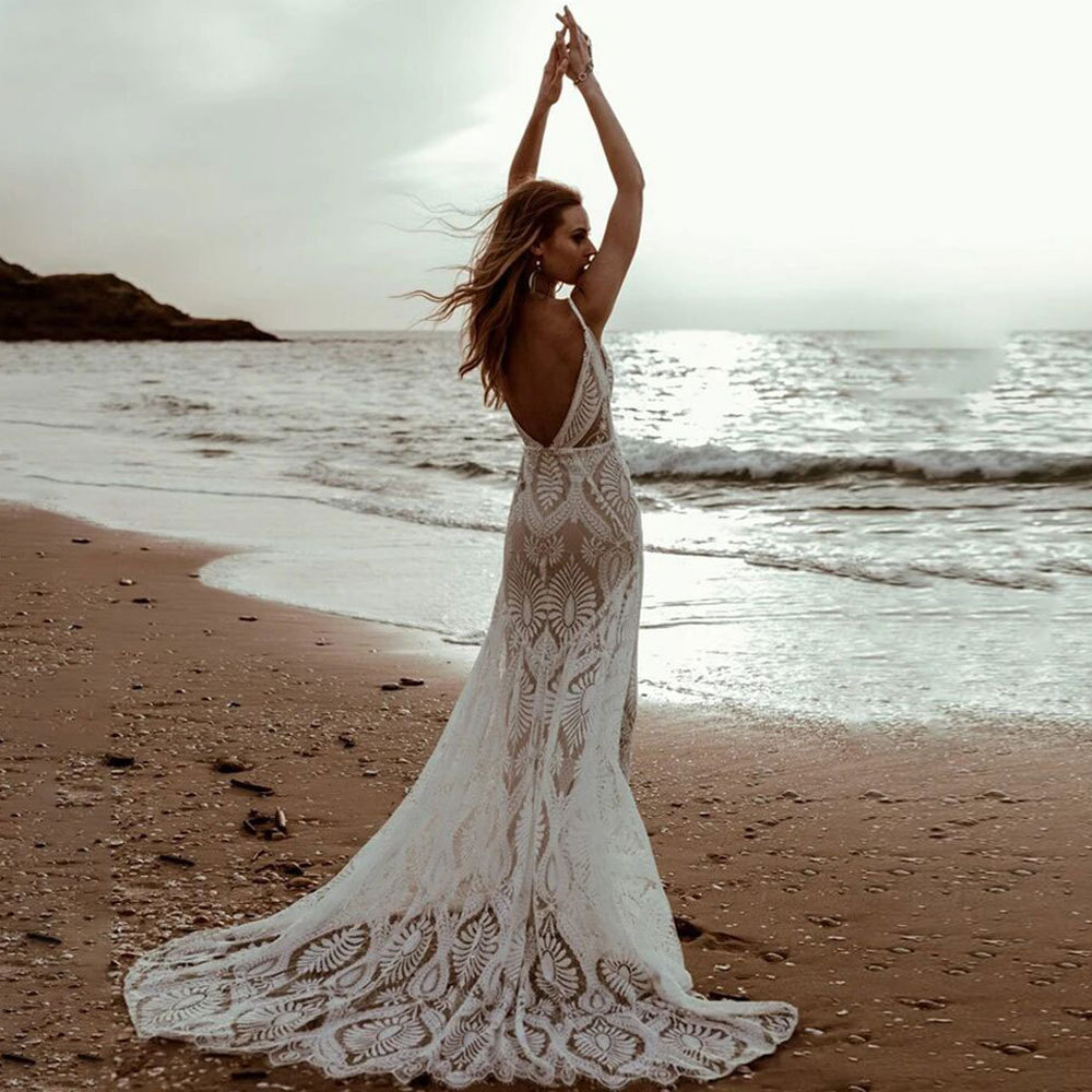 Floral Mermaid Plunging Boho Lace Wedding Dress