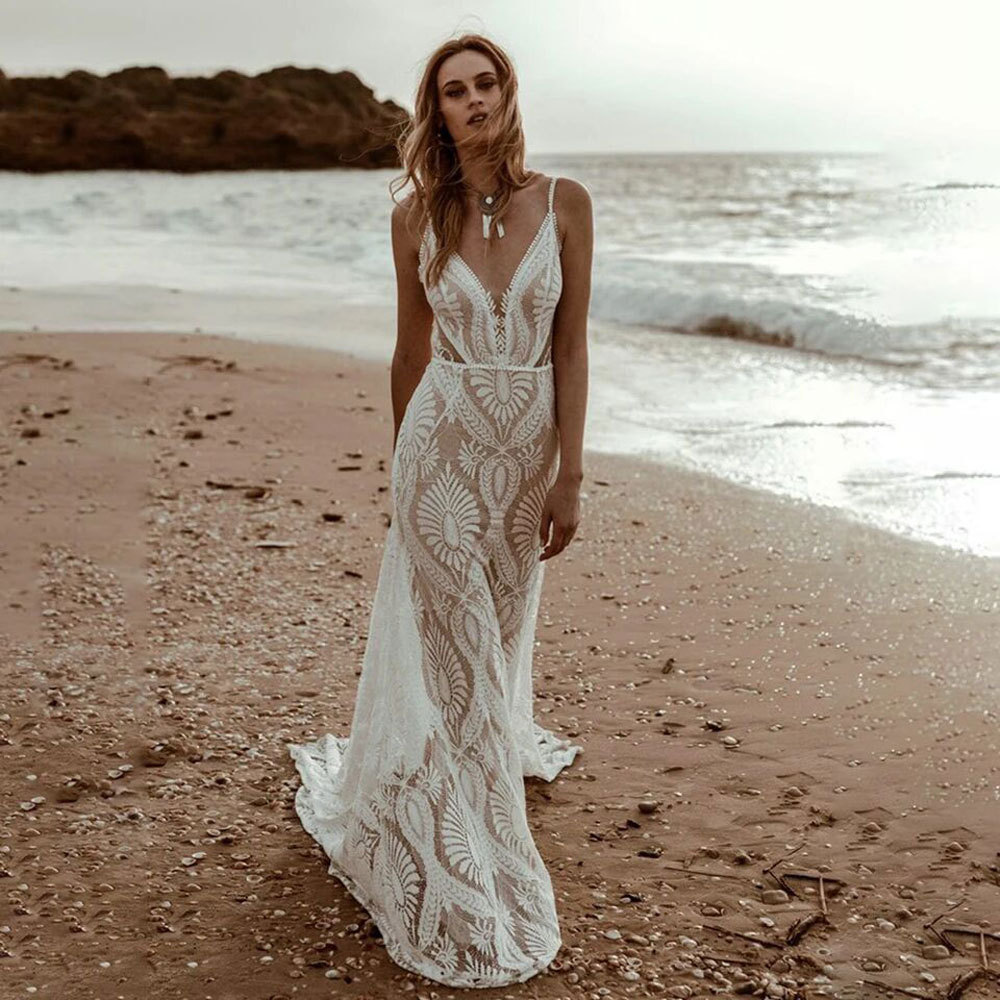 Floral Mermaid Plunging Boho Lace Wedding Dress