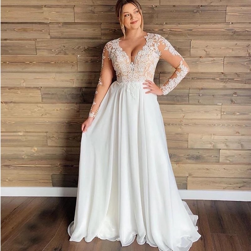 Floral Long Sleeve Plus Size A-Line Lace Summer Wedding Dress