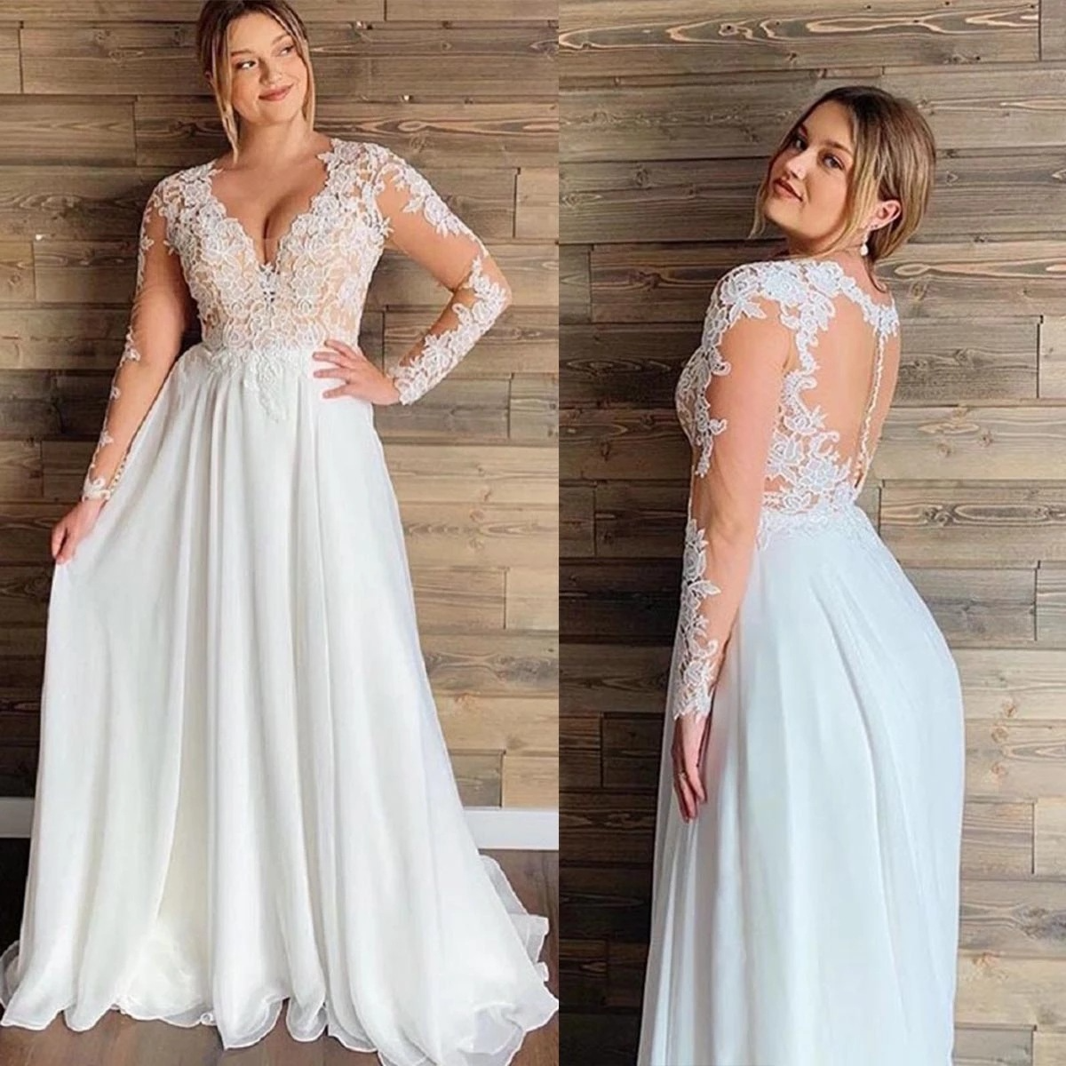 Floral Long Sleeve Plus Size A-Line Lace Summer Wedding Dress