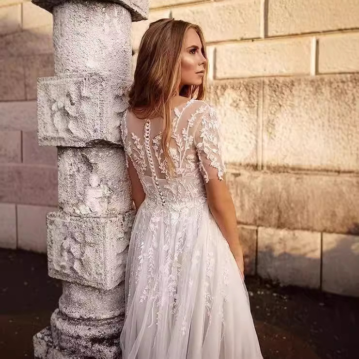 Boho Short Sleeves Midi Lace Wedding Dress