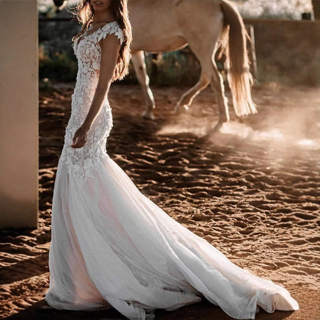 Elegant Floral V-neck Casual Long Wedding Gown
