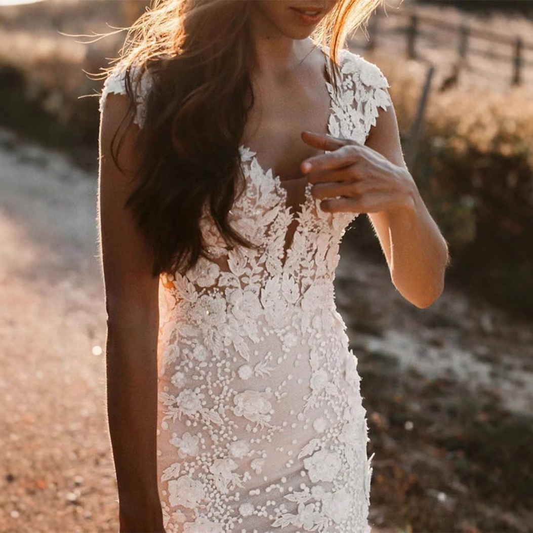 Elegant Floral V-neck Casual Long Wedding Gown
