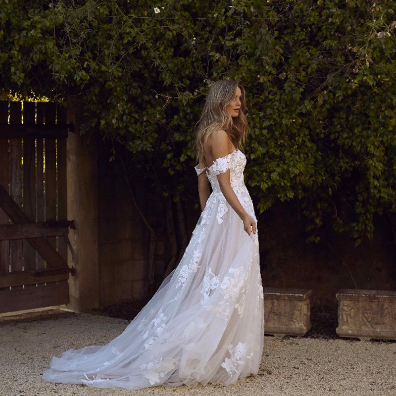 Off-the-Shoulder Boho Lace Beach Wedding Dress