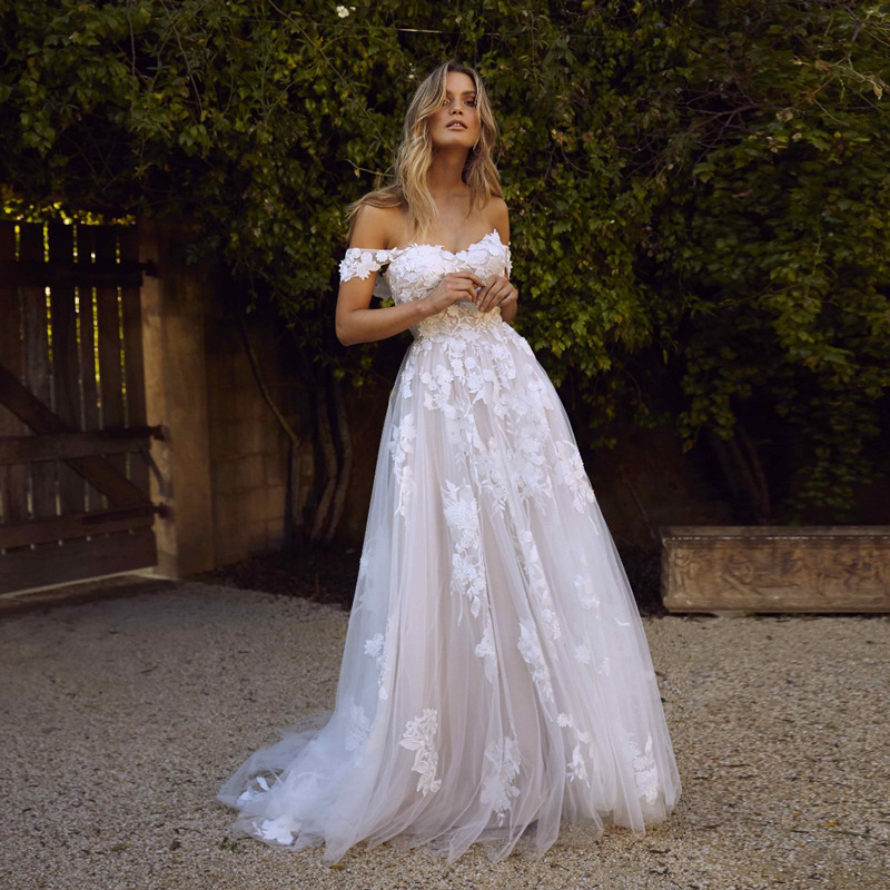 Off-the-Shoulder Boho Lace Beach Wedding Dress