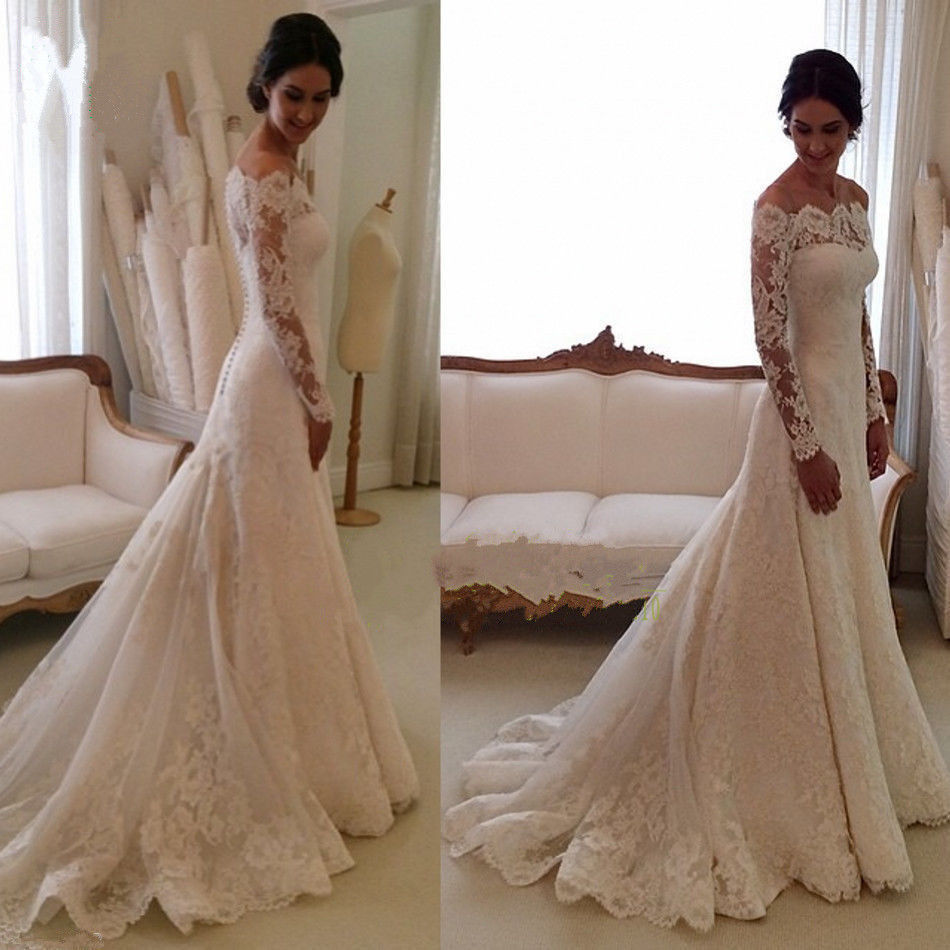 Modest Vintage Mermaid Boho Lace Sleeved Wedding Dress