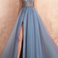 Embroidered V Neck Sleeveless High Slit Prom Dress