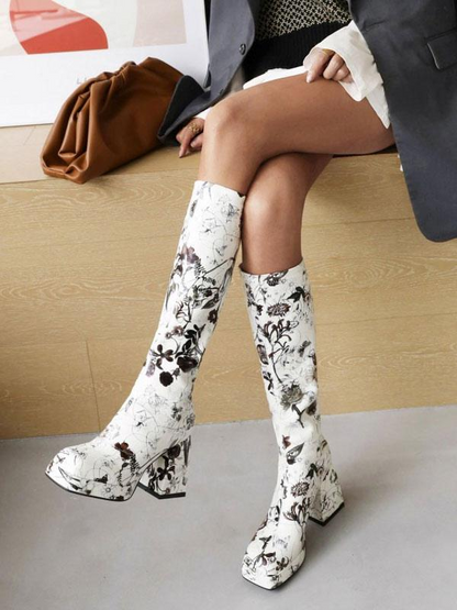 Women's Floral Print Block Heel Platform Knee-High Boots