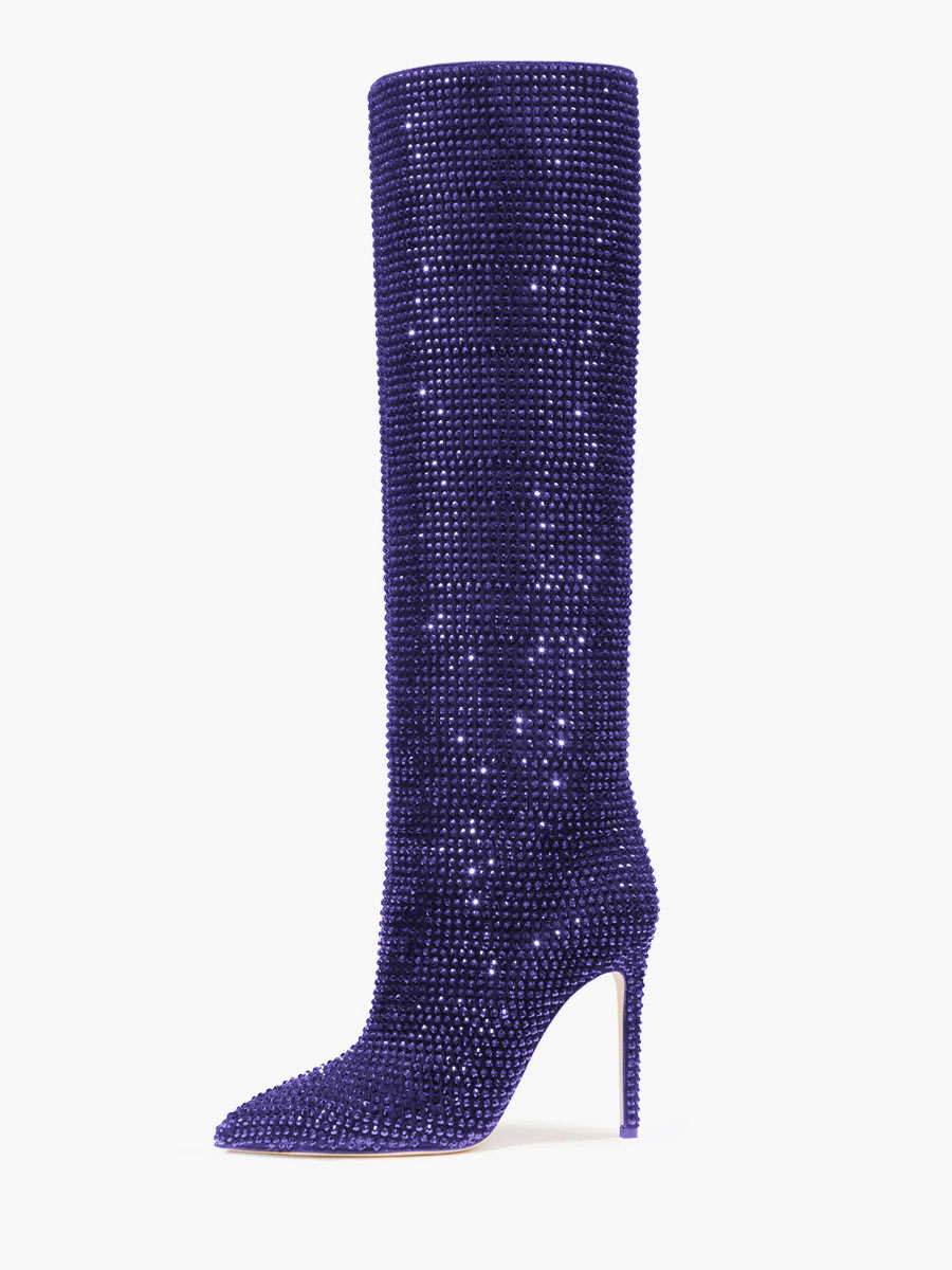 Wide Calf Rhinestones Pointed Toe Stiletto Knee High Boots