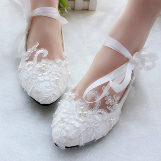 White Pearl Embroidered Lace-up Flat Heel Bridal Shoes