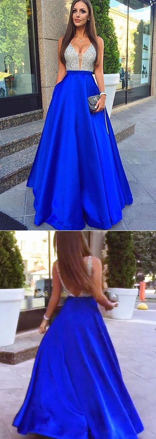 Satin Blue Deep V Neck Long Evening Dress