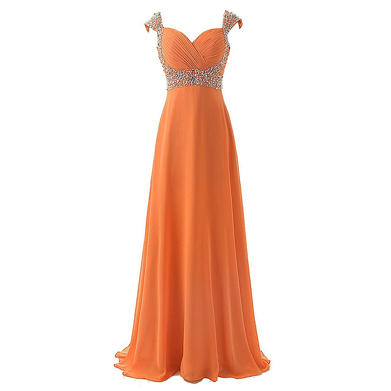 Long Peach Cap Sleeves Pleat Beaded Bridesmaid Dress