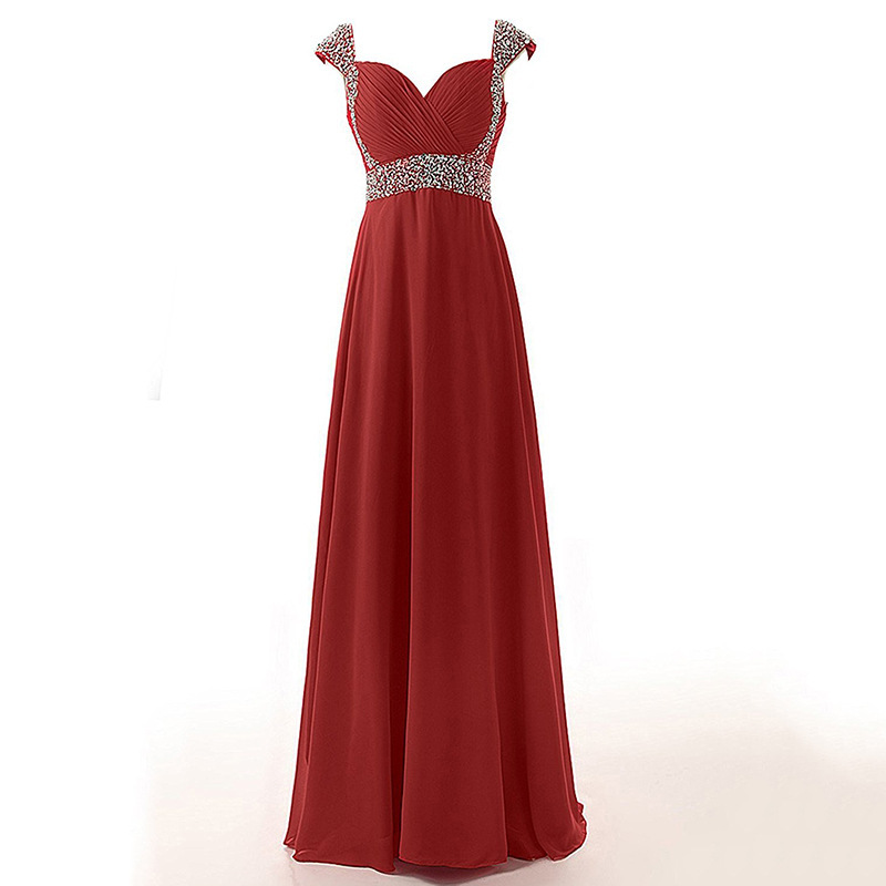 Long Peach Cap Sleeves Pleat Beaded Bridesmaid Dress