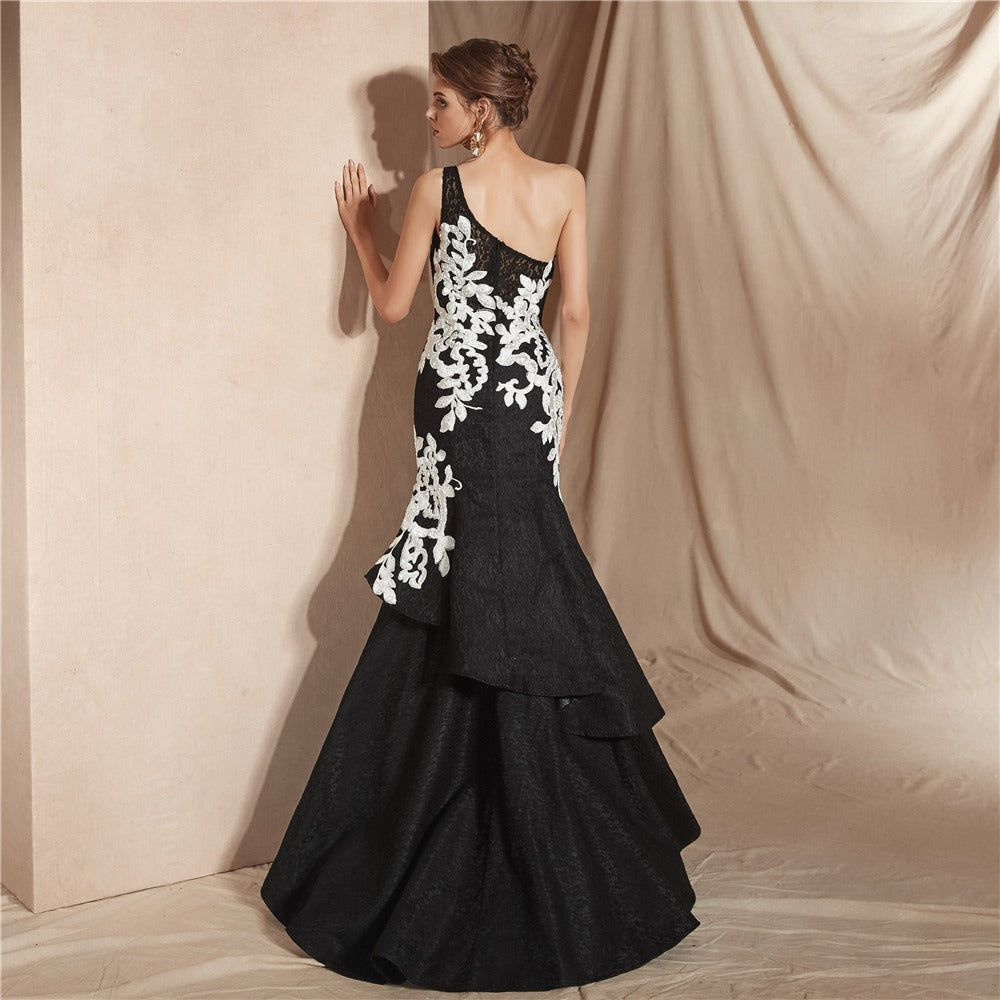 One Shoulder Applique Embroidered Long Evening Dress