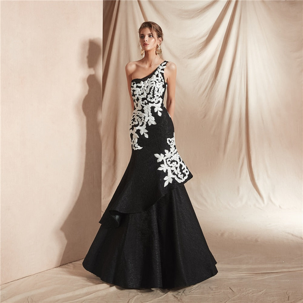 One Shoulder Applique Embroidered Long Evening Dress