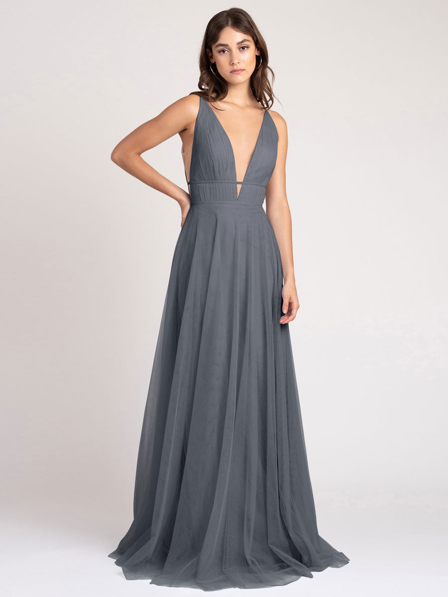 Deep V-Neck Sleeveless A-Line Zipper Pleated Tulle Party Dress