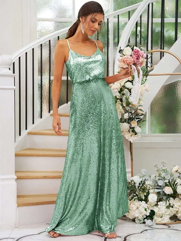 Sequin Spaghetti Strap Sleeveless Maxi Bridesmaid Dress