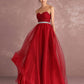 Red Rhinestones Pleated Strapless Tulle Prom Dress