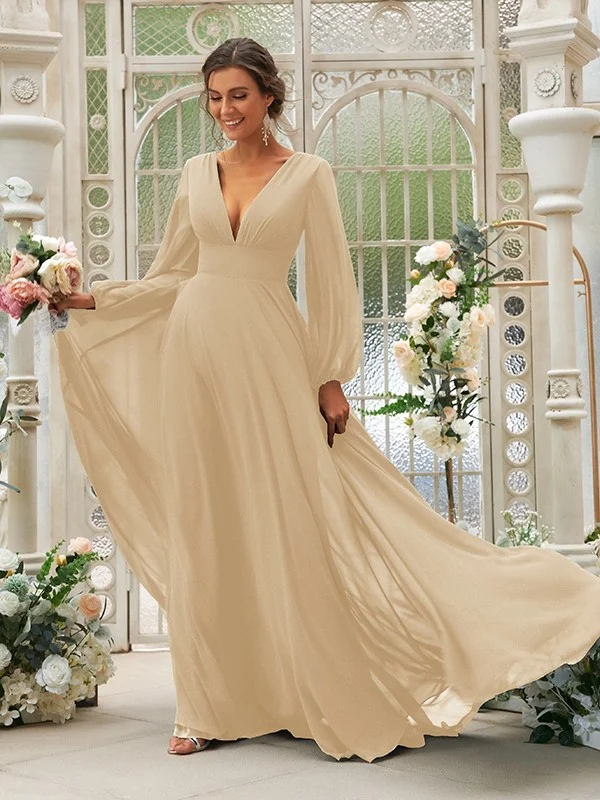 Deep V-Neck Long Sleeves Maxi Bridesmaid Dress