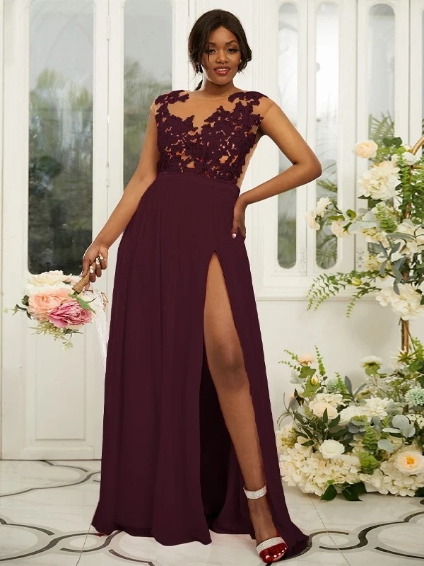 Lace Embroidered Sleeveless Maxi Bridesmaid Slit Dress