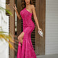 Deep Pink Sequin Oblique Shoulder Sleeveless Long Evening Dress