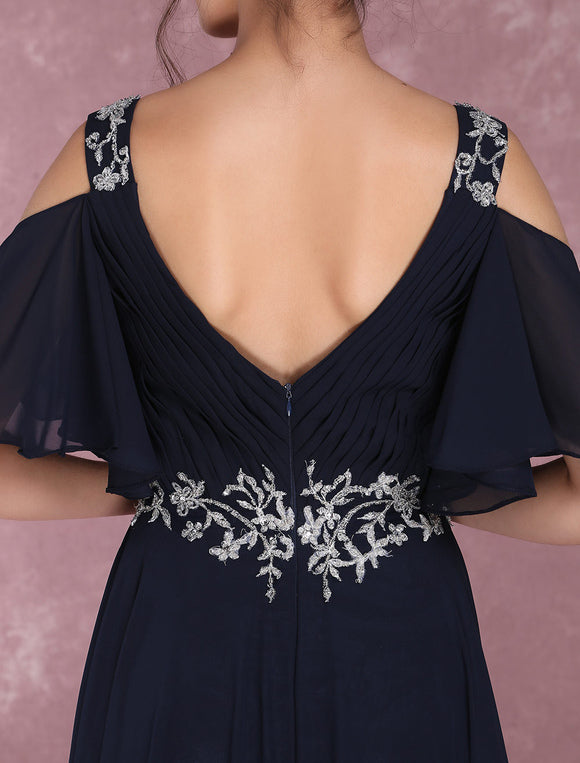 Navy Chiffon Beading Cold Shoulder Pleated Bridesmaid Dress