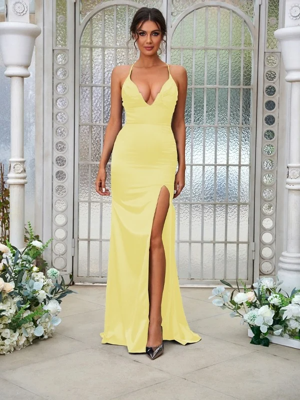 Simple Deep V-Neck Sleeveless Maxi Bridesmaid Slit Dress