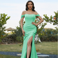 Satin Off-Shoulder Sleeveless Thigh High Split Bridesmaid Dress